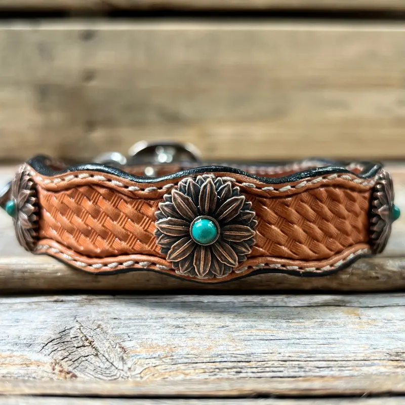 Genuine Leather Dog Collar With Copper Flower Conchos 10" To 22" W132s -Dc6 2
