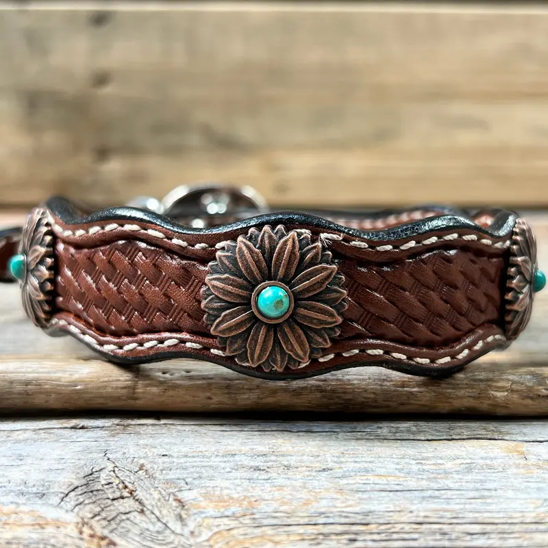 Genuine Leather Dog Collar With Copper Flower Conchos 10" To 22" W132s -Dc6 3