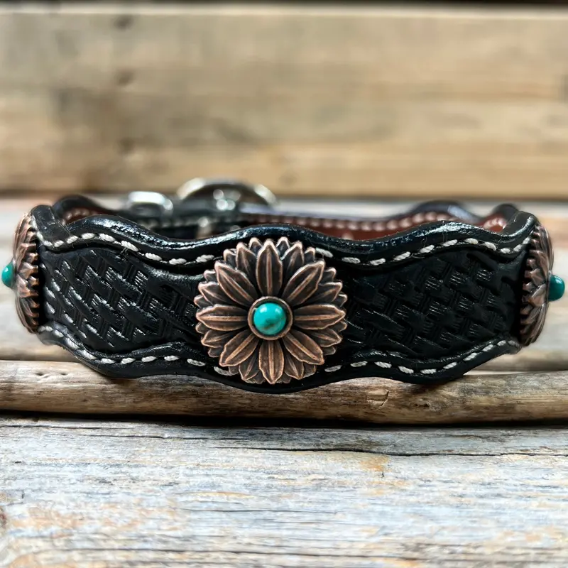 Genuine Leather Dog Collar With Copper Flower Conchos 10" To 22" W132s -Dc6 4