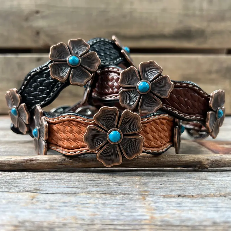 Genuine Leather Dog Collar With Copper Flower Conchos 12" To 22" W111s -Dc7 1