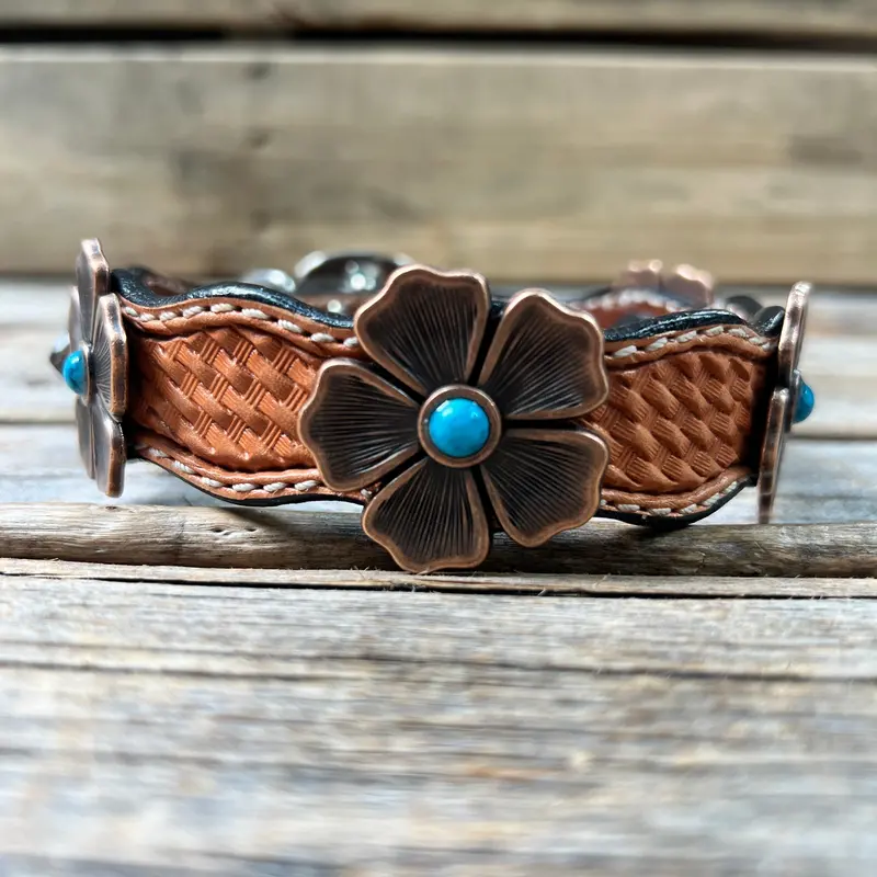 Genuine Leather Dog Collar With Copper Flower Conchos 12" To 22" W111s -Dc7 2