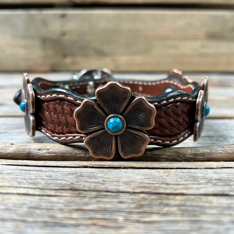 Genuine Leather Dog Collar With Copper Flower Conchos 12" To 22" W111s -Dc7 3