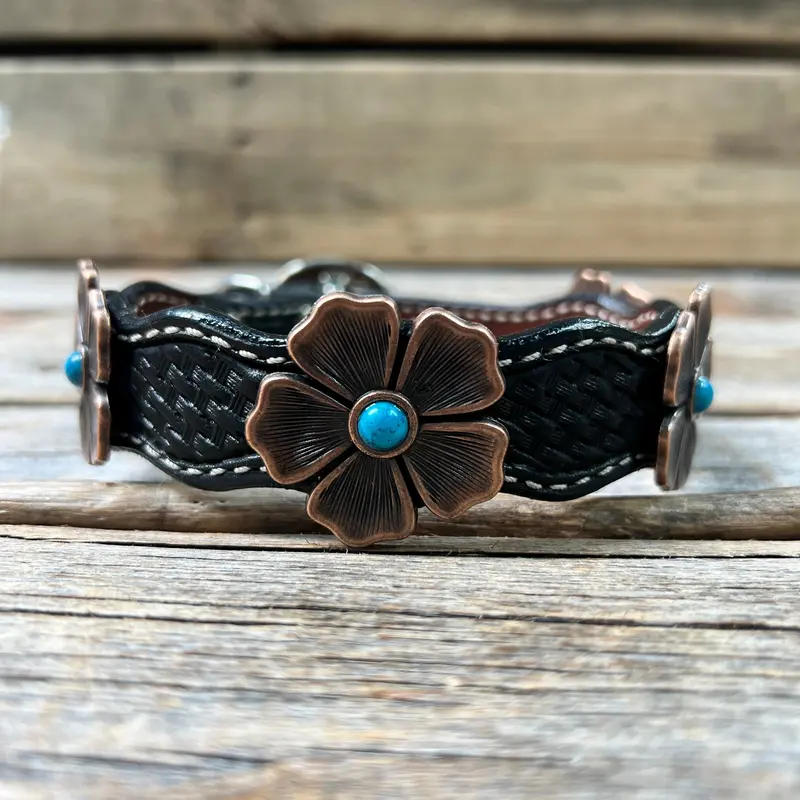 Genuine Leather Dog Collar With Copper Flower Conchos 12" To 22" W111s -Dc7 4