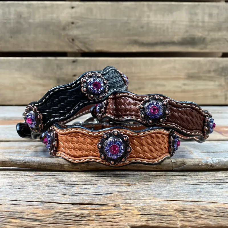 Genuine Leather Dog Collar With Copper Fuchsia And Lilac Conchos 10" To 22" -Dc35 1