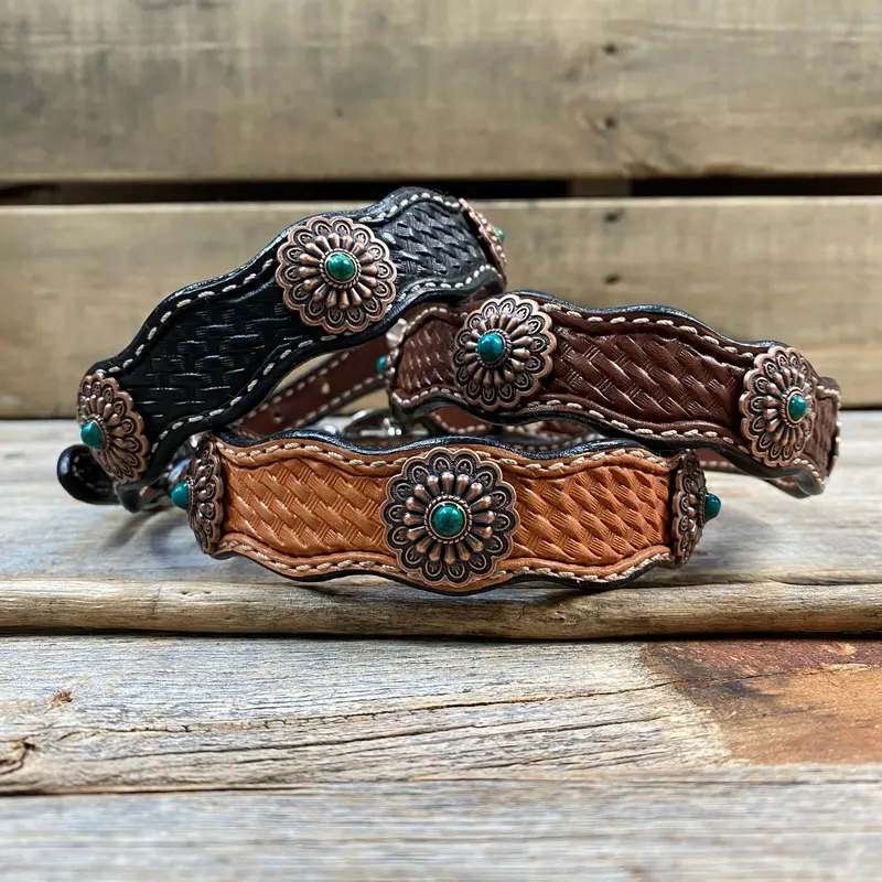 Genuine Leather Dog Collar With Copper Green Turquoise Conchos 10" To 22" W103s -Dc51 1