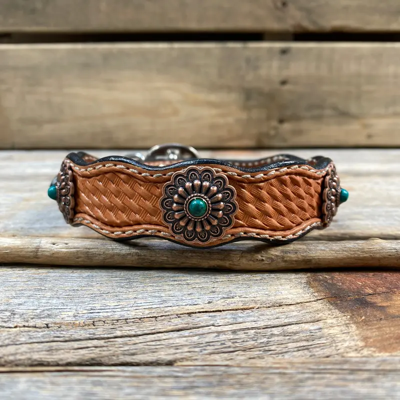 Genuine Leather Dog Collar With Copper Green Turquoise Conchos 10" To 22" W103s -Dc51 2