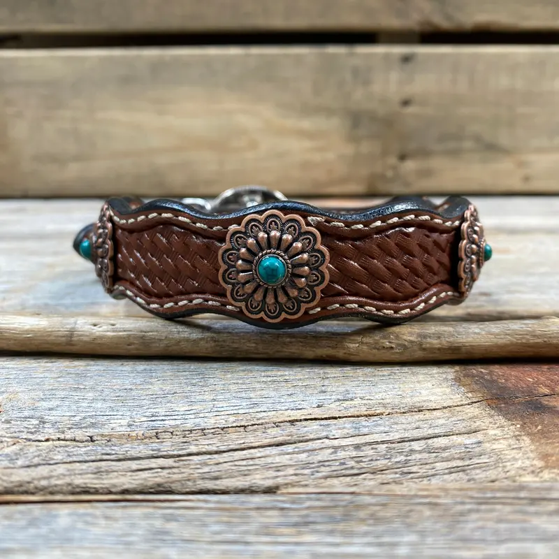 Genuine Leather Dog Collar With Copper Green Turquoise Conchos 10" To 22" W103s -Dc51 3