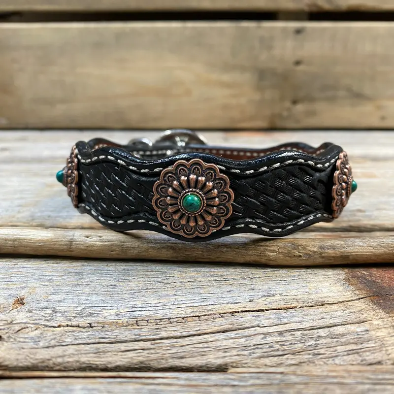 Genuine Leather Dog Collar With Copper Green Turquoise Conchos 10" To 22" W103s -Dc51 4