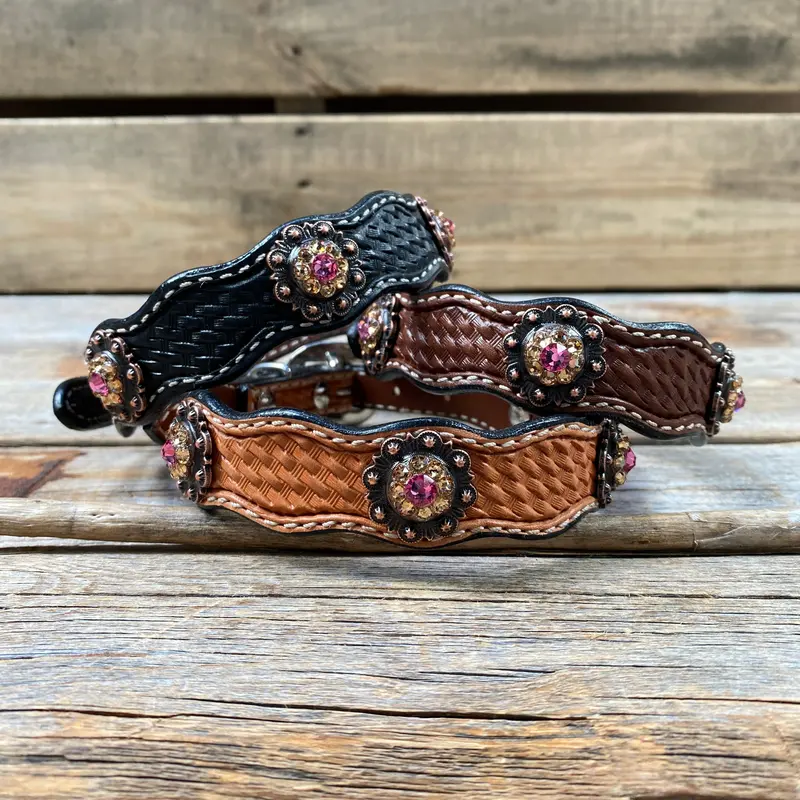 Genuine Leather Dog Collar With Copper Pink And Champagne Conchos 10" To 22" -Dc36 1