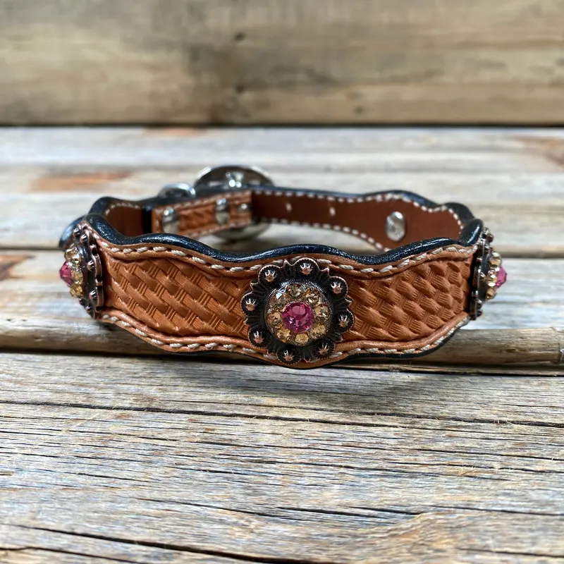 Genuine Leather Dog Collar With Copper Pink And Champagne Conchos 10" To 22" -Dc36 2