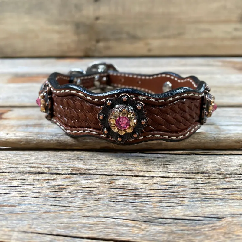 Genuine Leather Dog Collar With Copper Pink And Champagne Conchos 10" To 22" -Dc36 3