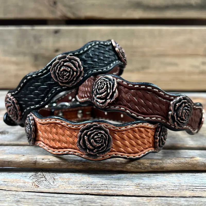 Genuine Leather Dog Collar With Copper Rose Conchos 10" To 22" W107s -Dc61 1