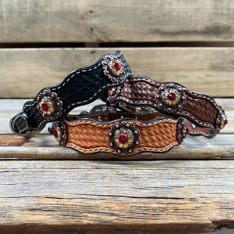 Genuine Leather Dog Collar With Copper Ruby And Champagne Conchos 10" To 22" -Dc38 1