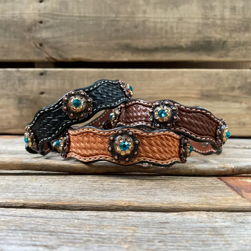 Genuine Leather Dog Collar With Copper Teal And Champagne Conchos 10" To 22" -Dc24 1