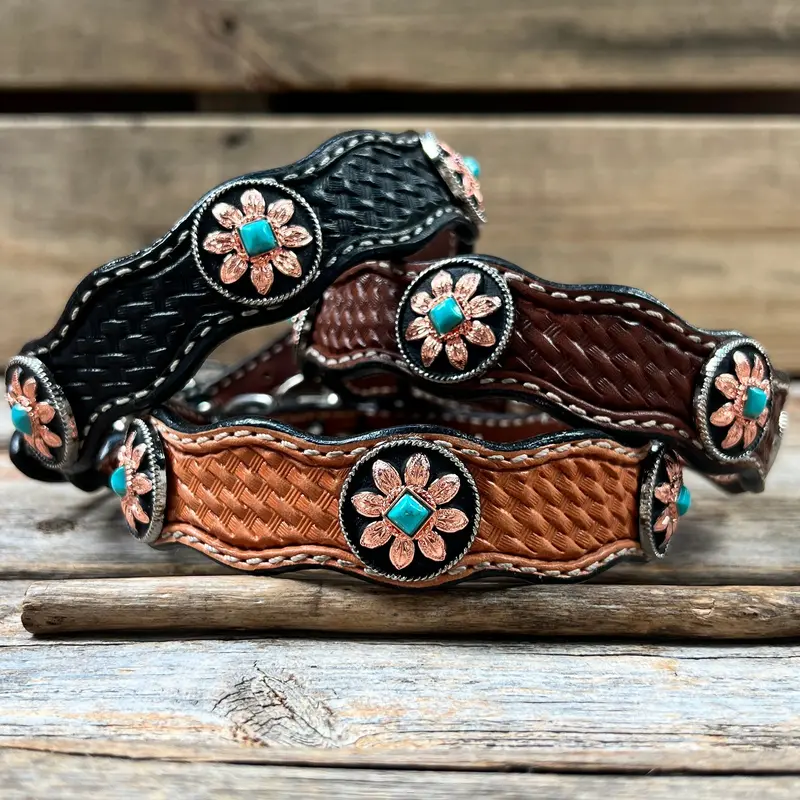 Genuine Leather Dog Collar With Copper Turquoise Sunflower Conchos 10" To 22" W188s -Dc1006 1