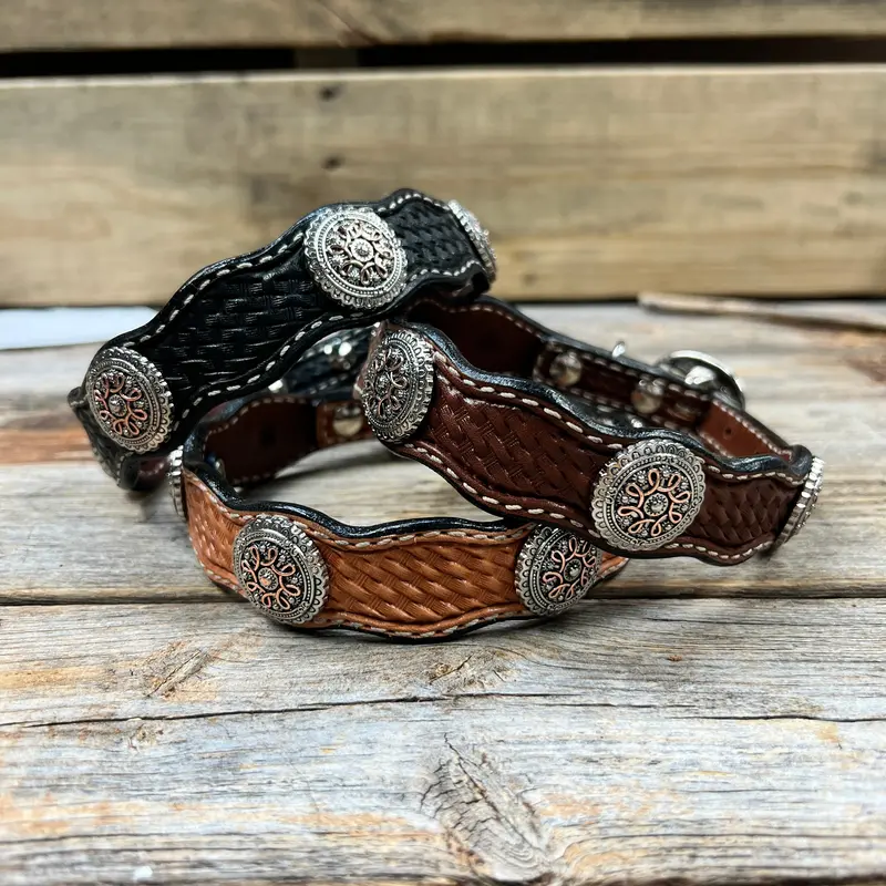Genuine Leather Dog Collar With Flower And Loops Conchos 10" To 22" W235s -Dc68 1