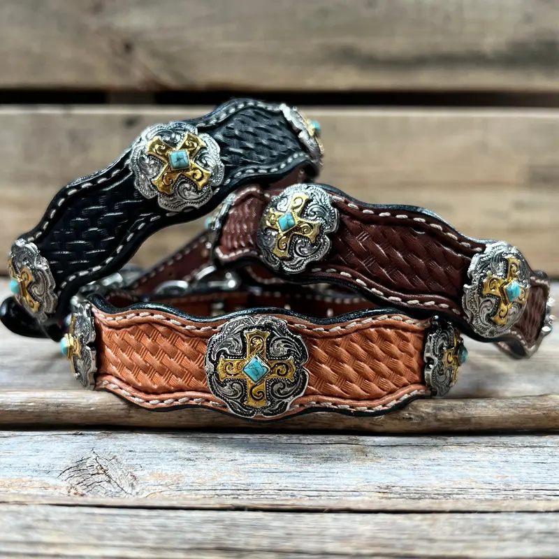 Genuine Leather Dog Collar With Gold Cross Conchos 10" To 22" W189s -Dc63 1
