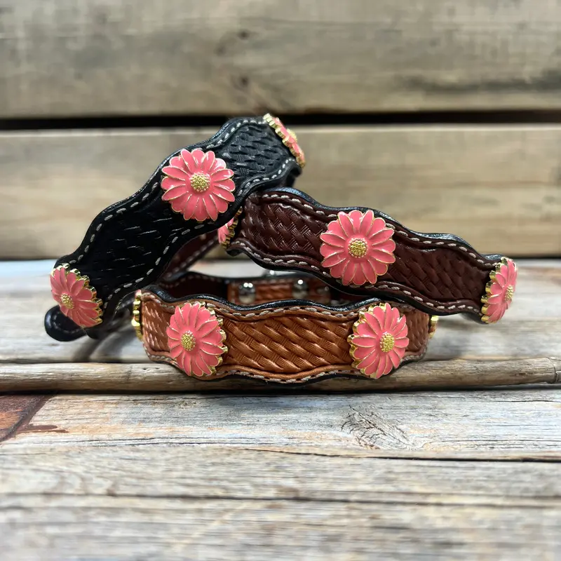 Genuine Leather Dog Collar With Pink Flower Conchos 10" To 22" W228s -Dc72 1