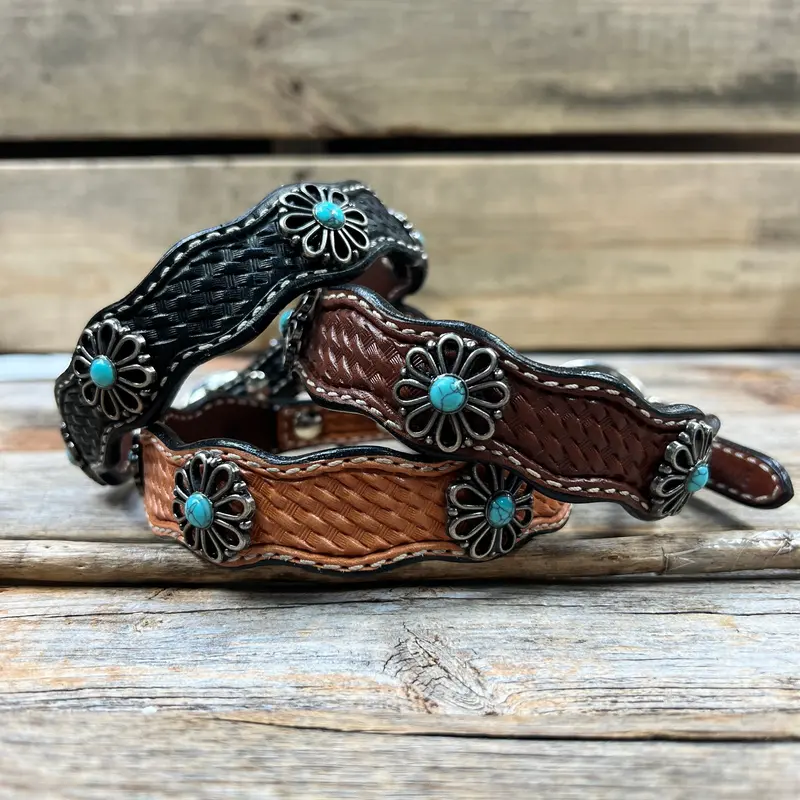 Genuine Leather Dog Collar With Turquoise Flower Conchos 10" To 22" W231s -Dc69 1