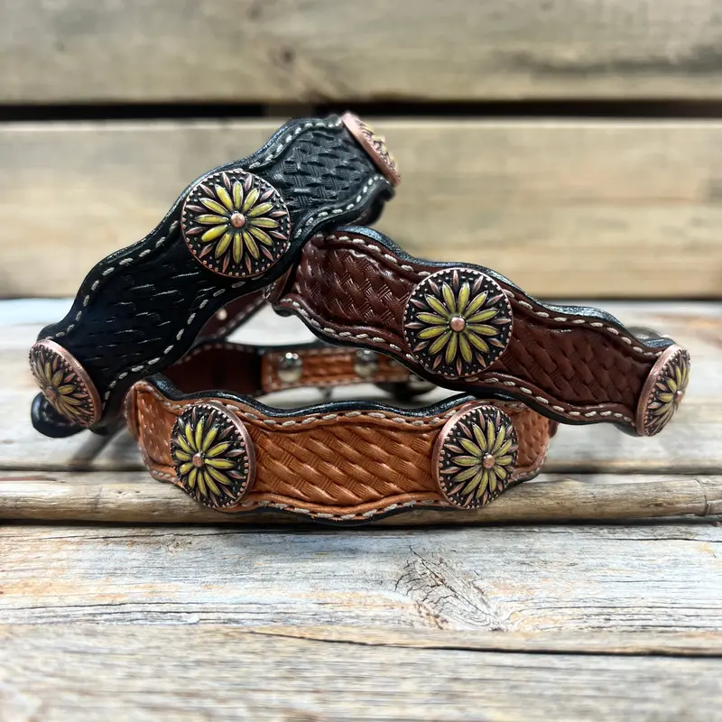 Genuine Leather Dog Collar With Yellow Daisy Conchos 10" To 22" W229s -Dc71 1