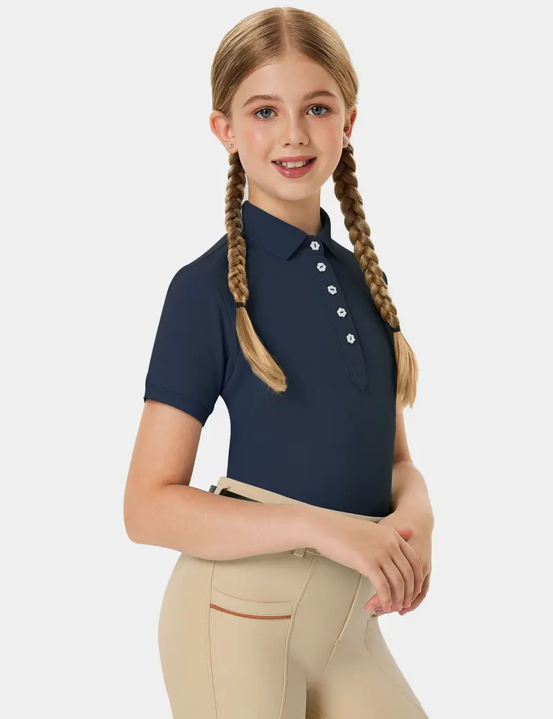 Girls T-Shirt Polo Collar Flower Buttons 10