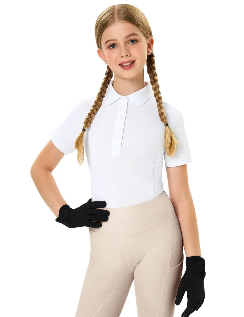 Girls T-Shirt Polo Collar Flower Buttons 15