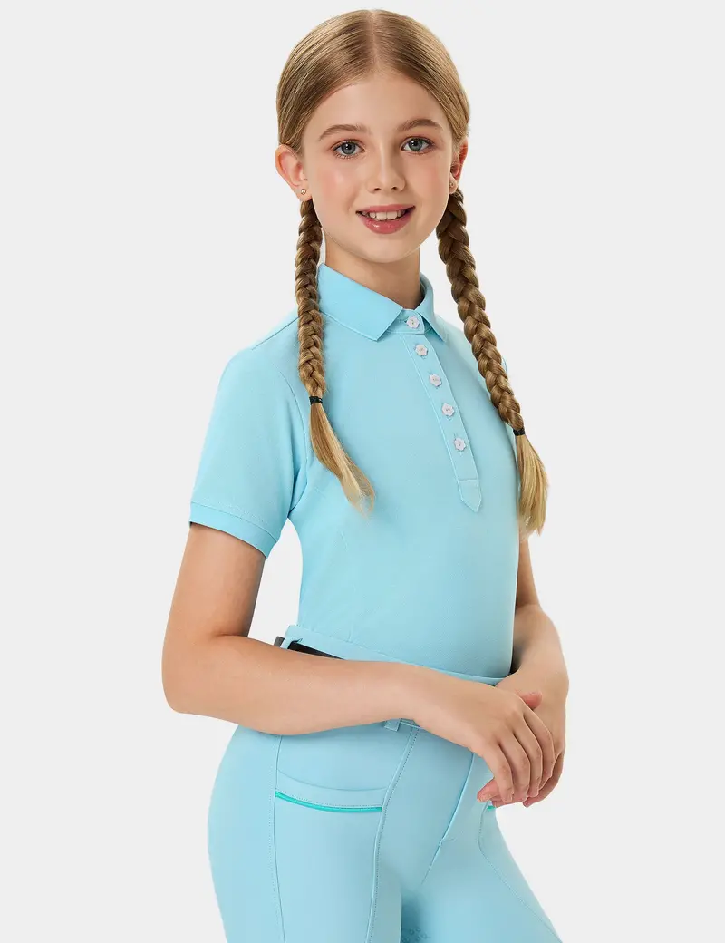 Girls T-Shirt Polo Collar Flower Buttons 4