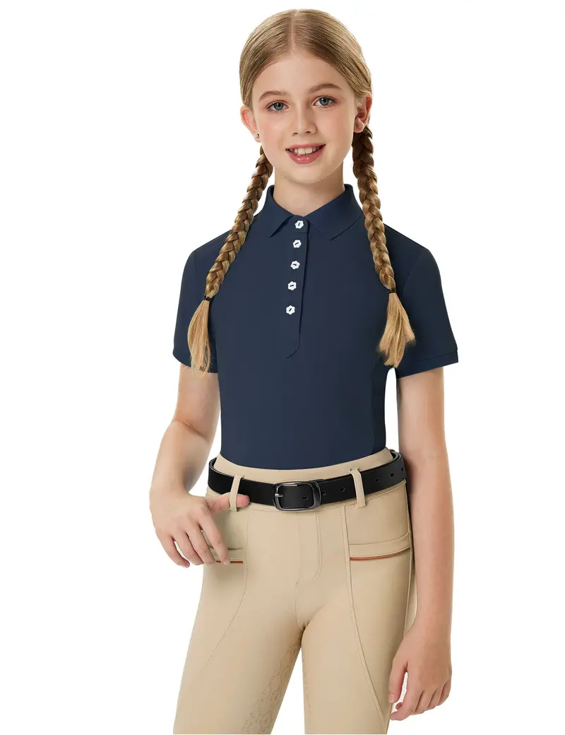 Girls T-Shirt Polo Collar Flower Buttons 7