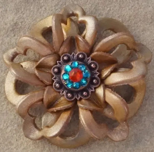 Gold Lotus Flower With Copper Fire Opal And Teal 1" Concho 1