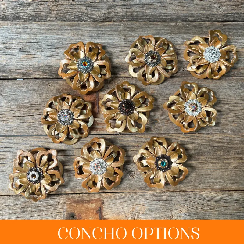 Gold Lotus Leather Flowers - 1" Crystal Conchos - Options 1