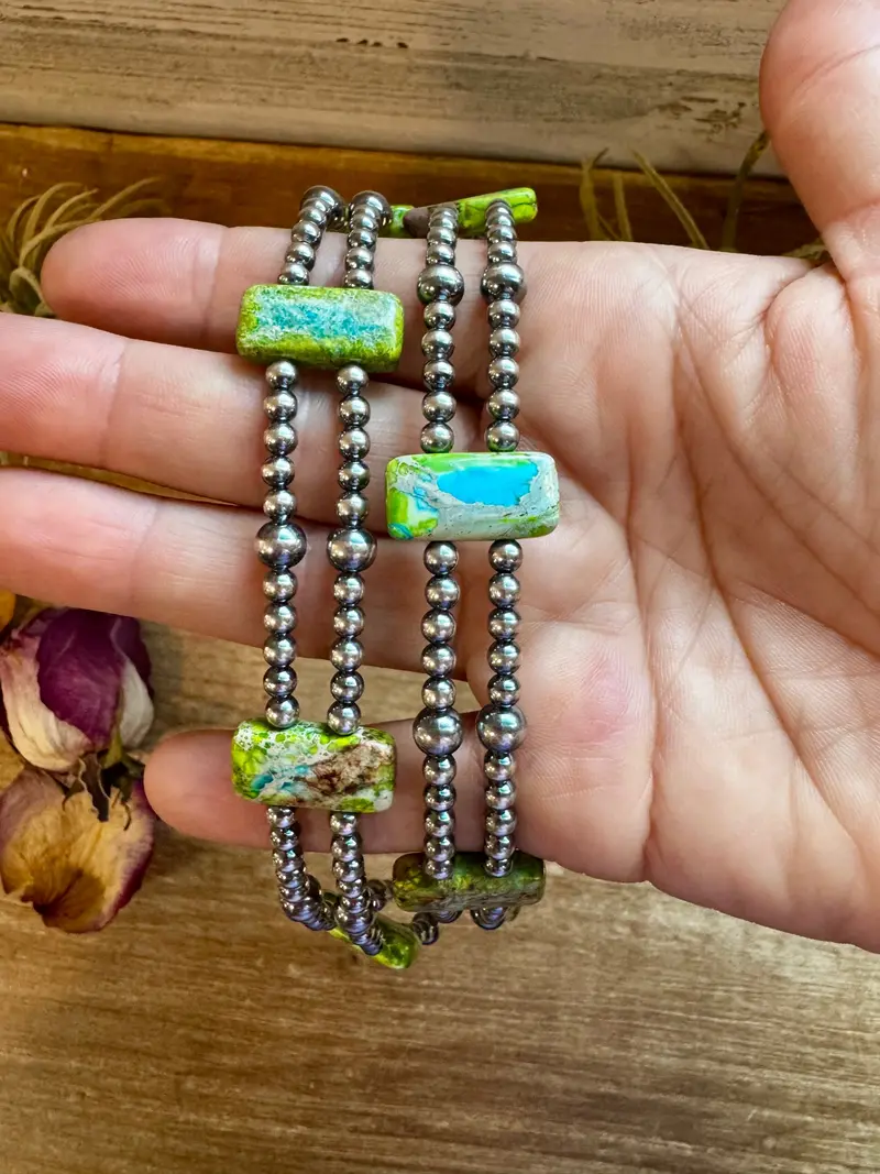 Green/Blue Double Strand Necklace – 13” Beaded – Sterling Silver Pearls & Rectangle Variscite Turquoise 1