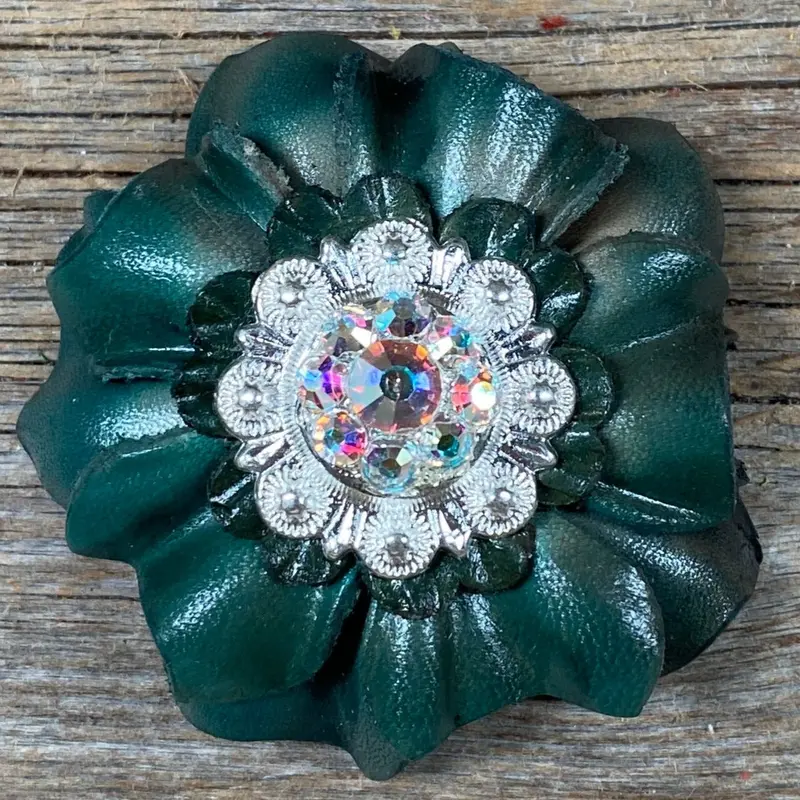 Green Carnation Flower With Bright Silver Ab 1" Concho 1