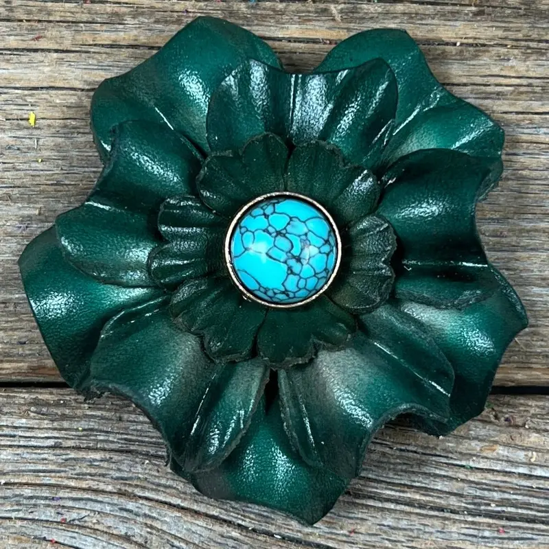 Green Carnation Flower With Round Turquoise Cabochon 1