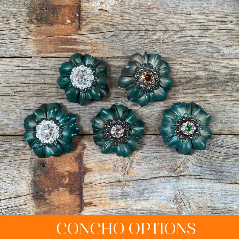 Green Carnations Leather Flowers - 1" Crystal Conchos - Options 1