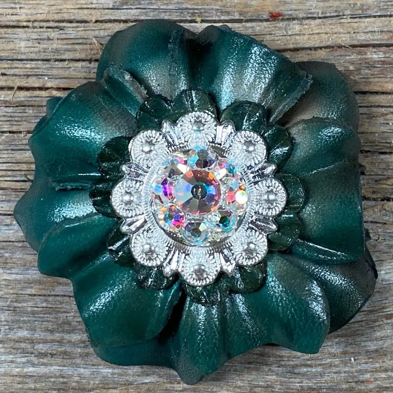 Green Carnations Leather Flowers - 1" Crystal Conchos - Options 2