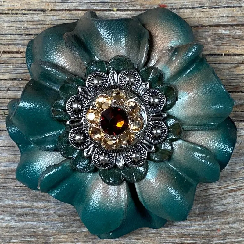 Green Carnations Leather Flowers - 1" Crystal Conchos - Options 3