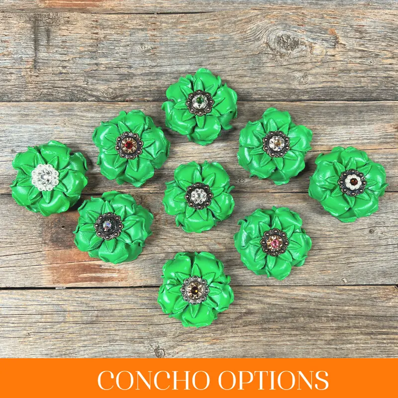 Green Gardenia Leather Flowers - 1" Crystal Conchos - Options 1