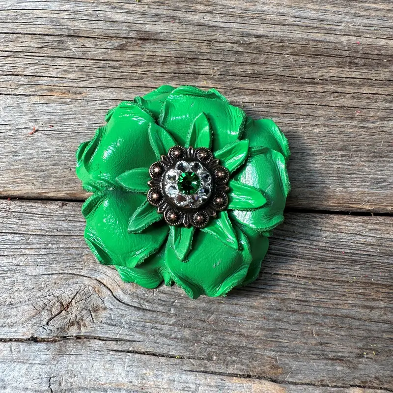 Green Gardenia Leather Flowers - 1" Crystal Conchos - Options 2
