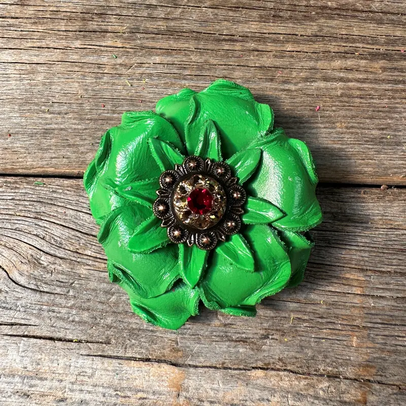 Green Gardenia Leather Flowers - 1" Crystal Conchos - Options 3