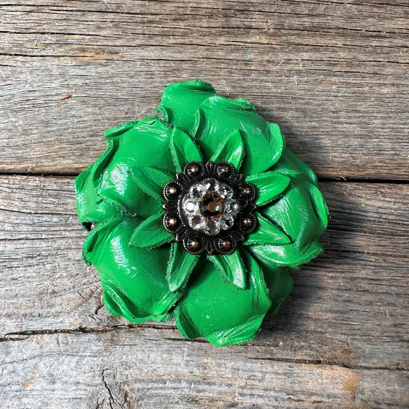 Green Gardenia Leather Flowers - 1" Crystal Conchos - Options 3