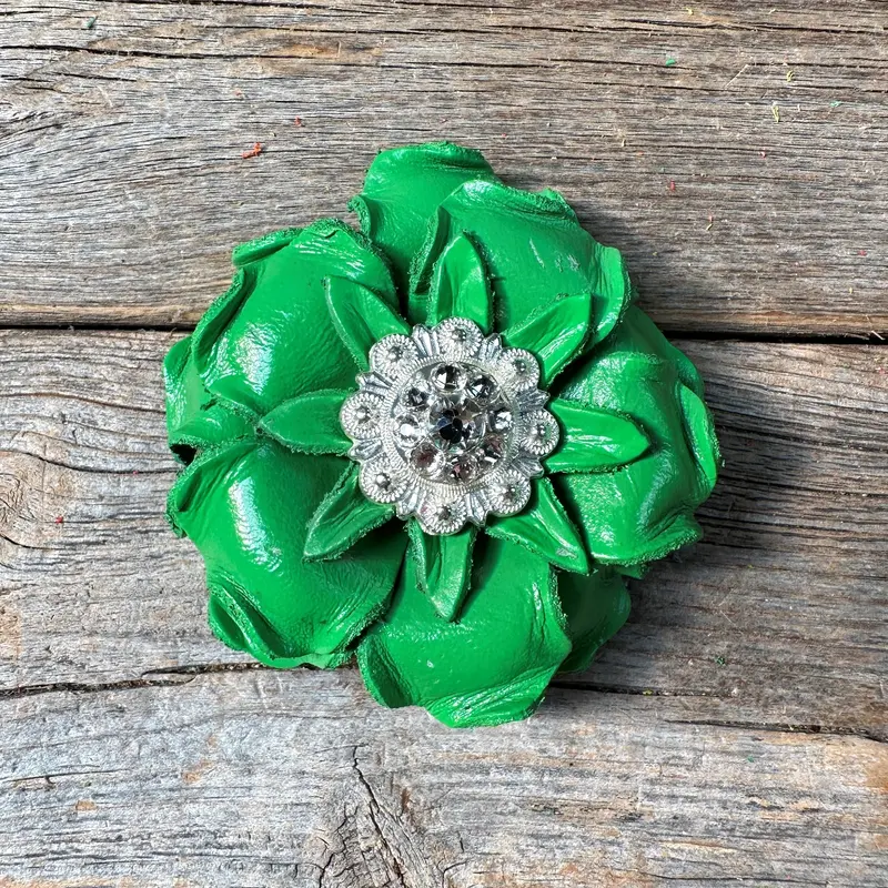 Green Gardenia Leather Flowers - 1" Crystal Conchos - Options 4