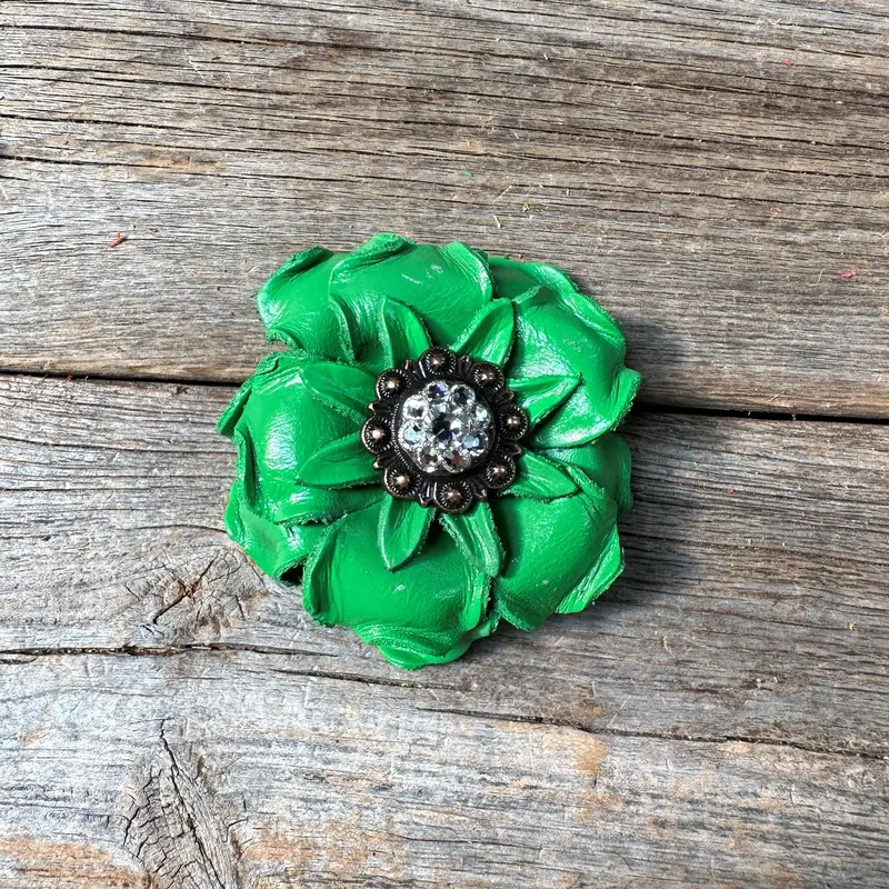 Green Gardenia Leather Flowers - 1" Crystal Conchos - Options 5