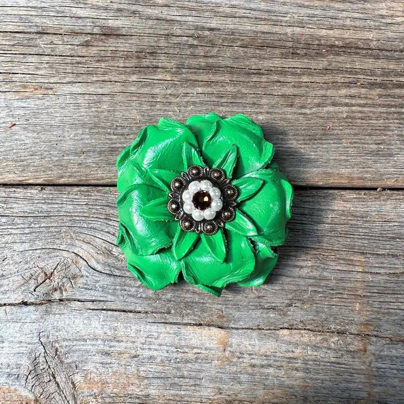 Green Gardenia Leather Flowers - 1" Crystal Conchos - Options 6