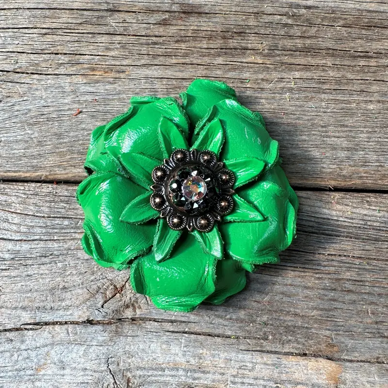 Green Gardenia Leather Flowers - 1" Crystal Conchos - Options 7