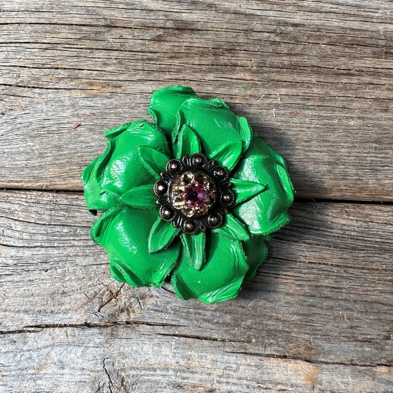 Green Gardenia Leather Flowers - 1" Crystal Conchos - Options 8
