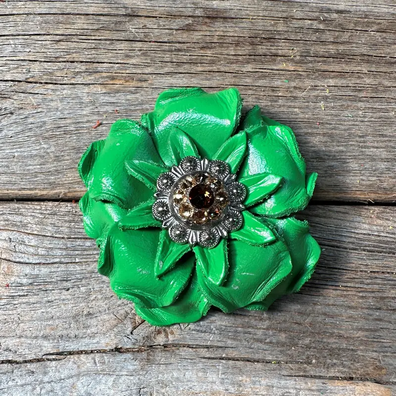 Green Gardenia Leather Flowers - 1" Crystal Conchos - Options 9
