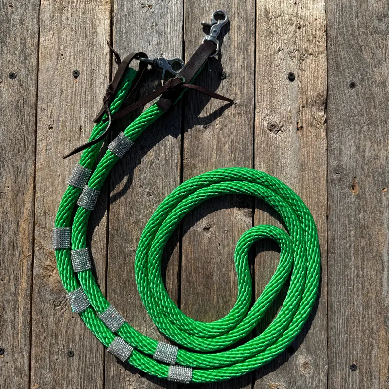 Green Nylon Barrel Racing Reins With Rhinestones #Bnr106 1