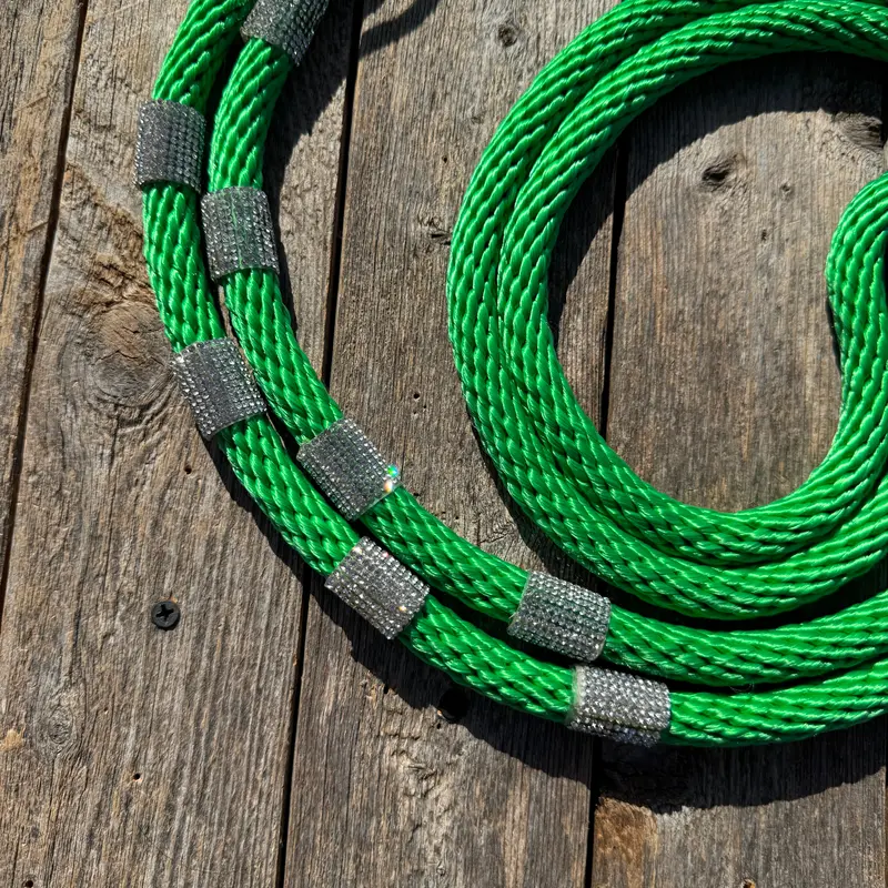 Green Nylon Barrel Racing Reins With Rhinestones #Bnr106 2