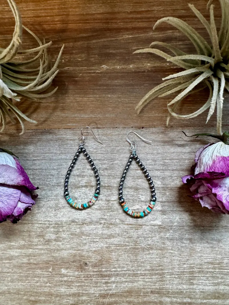 Green & Orange Heishi Earrings – Sterling Silver Pearls 1