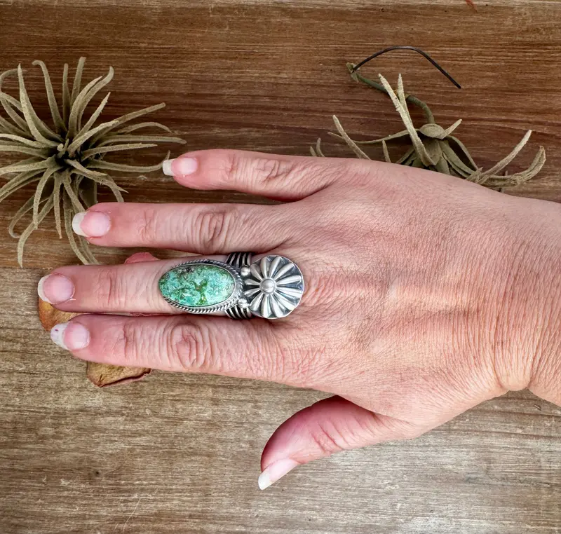 Green Turquoise Concho Ring – Size 9 – Navajo Handmade By Boyd Ashley 1
